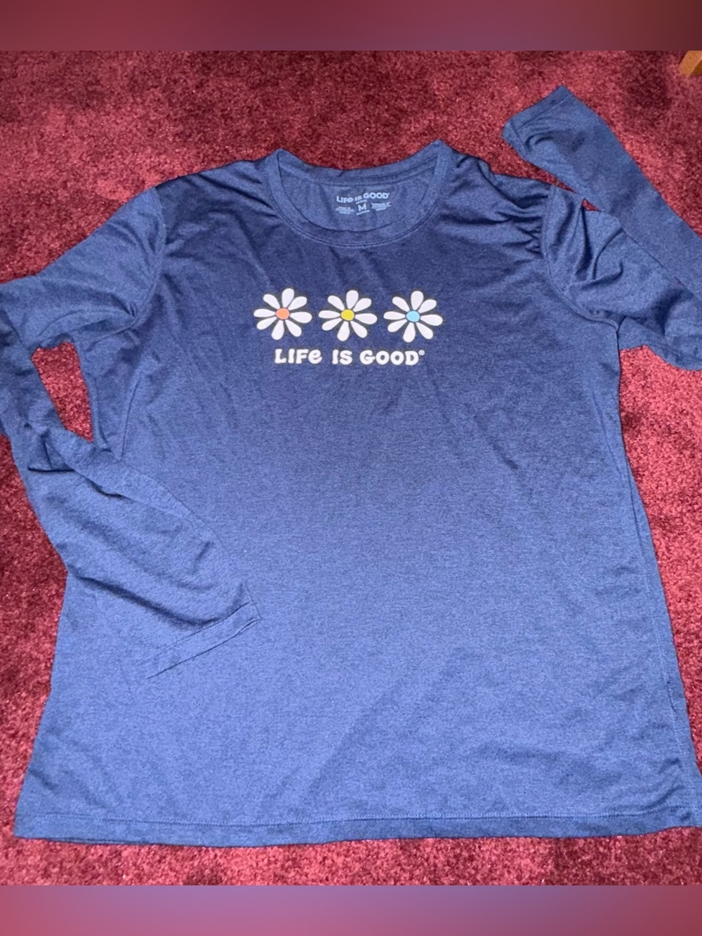 LIFE IS GOOD Crew L/S Pullover Cationic Active Top Daisies Navy Med m